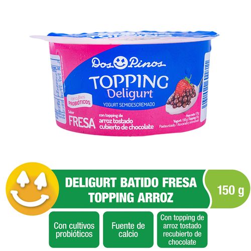 Yogurt Dos Pinos Semidescremado Fresa Con Topping  Arroz Tostado Cubierto De Chocolate, Con Probióticos - 150 g