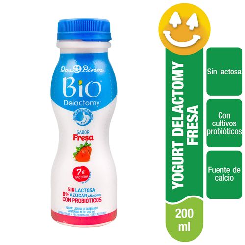 Yogurt Líquido Dos Pinos Bio Delactomy Sabor Fresa, Descremado, Sin Lactosa, %0 Azúcar Añadido Con Probiótico - 200ml