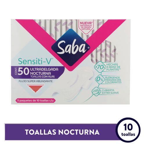 Toallas sanitarias Saba sensiti-V ultradelgada nocturna con alas - 50 Uds