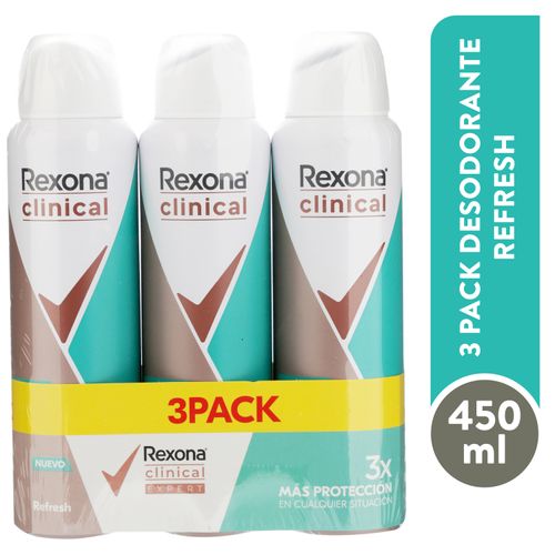 Desodorante Rexona Aerosol Dama Clinic Refrescante 3pk 450 ml