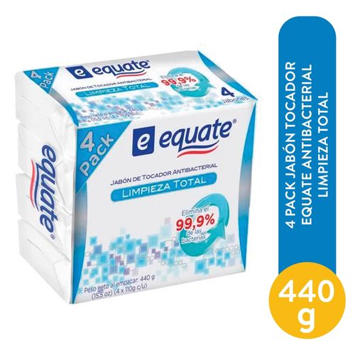 4 Pack Jabón Tocador Equate Antibacterial Limpeza Total - 440 g