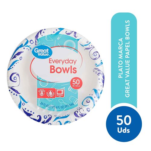 Plato Great Value Desechable Papel Bowls - 50 Uds
