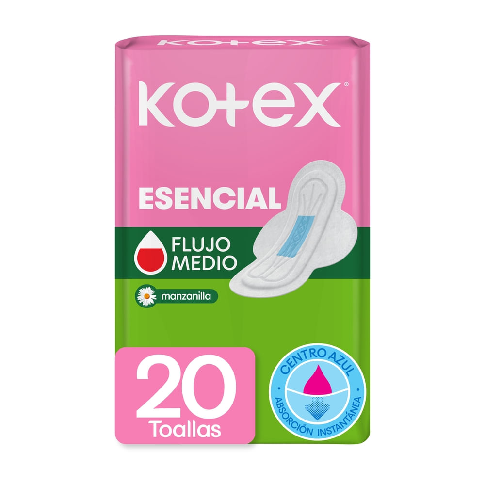 Toallas Femeninas Kotex Esencial Manzanilla - 20 Unidades