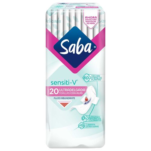 Toallas Femeninas Saba Sensiti-V flujo Abundante Con Alas - 20 uds